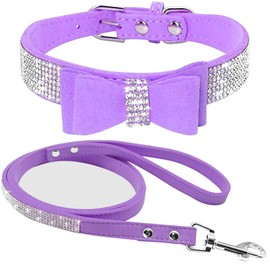 Haoyueer Cute Dazzling Sparkling Elegant Fancy Soft Suede Leather Bling Rhinestone Crystal Jeweled Pet Cat Dog Puppy Collar Dog Leash Combo Set (M, Purple-1)