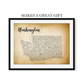 Vintage Style Washington State Map Wall Art 14" x 11" Unframed Print, From Original US Declaration of Independence 1776. Gift Idea for Evergreen State Lovers. Great Bank, School Law Office Decor