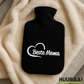Huuraa Wärmflasche Beste Mama Herz Geschenk 1,8 Liter Black Classic Veloursbezug Beste Mama Präsent
