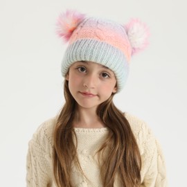 LUCKYBUNNY Kids Pom Pom Beanies Winter Caps Toddler Girls Warm Fleece Lined Knit Hat for 7-14 Years Old Mint Blue