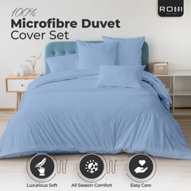 Rohi Double Duvet Cover Set – Soft & Breathable Microfibre Duvet Cover with 2x Pillowcases - Anti Allergy Sky Blue Bedding Set – Button Closure Design - (Double 200x200cm – Sky Blue)