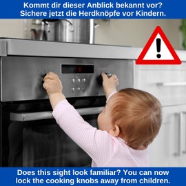 Stove child safety lock with oven door protection, no knob disassembly, 6 x stove knob covers and 1 x oven child safety lock, max. Diameter 4.9 cm Cooker Knobs, min. 6.1 cm centre to centre distance