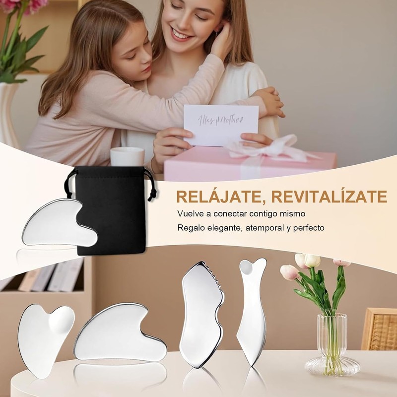 Kit de 4 Gua Sha Facial de Acero Inoxidable Con