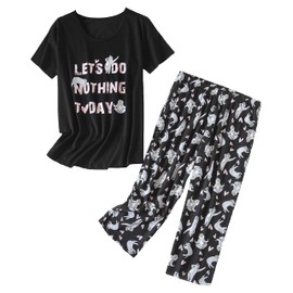 Inadays Womens Cotton Pajama Sets Short Sleeve Top With Capri Pants 2 piece sets for Women Summer Pajamas Lounge Set Let's Do Nothing,M