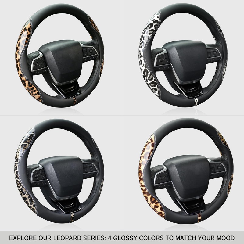 Leopard Steering Wheel Cover for Women, 15 Inch Leather, Brown