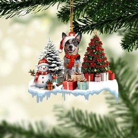 Talataca Australian Cattle with Christmas Pine Tree Snowman Gifts 2D Flat Car Rear View Mirror Accessories Christmas Tree Ornament Decoration Hanging Charm Interior Rearview Pendant Decor Gift