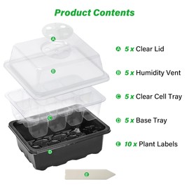 Bonviee 5-Pack Seed Starter Tray Seedling Kits,Plant Starter Kit with Adjustable Humidity Dome and Base Indoor Greenhouse Mini Propagator for Seeds Growing Starting (12 Cells per Tray,Black)
