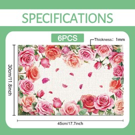 WADORN 6Pcs Rose Floral Placemats, 11.8x17.7 Inch Blooming Pink Red Rose Table Mats Romantic Rose Flower Diner Linen Place Mats Washable Table Mats for Wedding Party Holiday Home Kitchen Table Decor