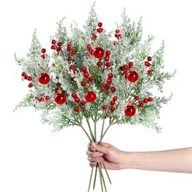 Sggvecsy 6 Pack Snowy Artificial Pine Branches Frosted Faux Cedar Spray with Red Berries Christmas Balls 19’’ Greenery Cedar Picks Christmas Cedar Stems for DIY Garland Wreath Xmas Home Decoration