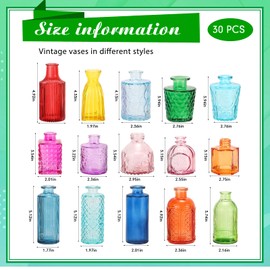 Yaomiao 30 Pcs Vases Bulk Colored Flower Glass Bud Vases Valentine Vintage Colored Glass Bottles Colorful Rustic Embossed for Home Wedding Table Decorations Gifts(Bright Color)