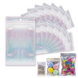 YOTOZU 100-Pack Holographic Resealable Bag Zipper Food Storage Aluminium Foil Mylar Smell Bag Plastic Flat Packaging Pouch for Party Favor Food Candy Jewelry Lip Gloss Optional(Laser,4x6)