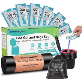 Portable Toilet Bags Poo Gel Set, 8 Gallon Camping Toilet Bags with Portable Toilet Absorbent Gel, Compostable Portable Potty Bags for Camping Outdoor Hiking - Color: Black - 20Bags+20Gel