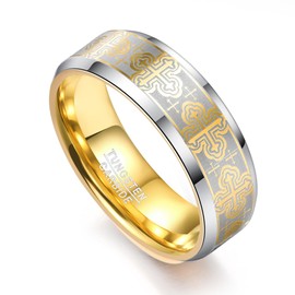 LINGMEI 8mm Mens Rings Tugsten ring Gold Ring for Men Prayer Cross Ring Tungsten Carbide Ring Wedding Ring Beveled Edge High Polished Comfort Fit Size 7