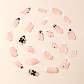 24Pcs Bow Press on Nails Short French Tip Fake Nails Nude Acrylic Stick on Nails Almond Style Nail Tips Full Cover Nude Artificial ons Nails with Nail Rhinestones for Women Girls Wear Nails