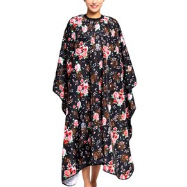 KAHOT Hairdressing Gown Barbers Cape Black Rose Flowers Cape with Snap Closure Waterproof Women Professional Barbers Hairdressers Gown for Hair Styling Colours Haircuts (Rose Cape)