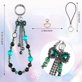 BEEFLYING Crystal Bead Phone Bracelet Strap, Cyan Black Cellphone Bow Charms Wristlet Lanyard for Women, Kawaii Charm Pendant Wrist Strap for Camera Bag