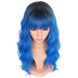 SYMEIW Blue Hair Wavy Wigs With Bangs For Women Synthetic Blue Wigs For Daily Use Everyday Wear.