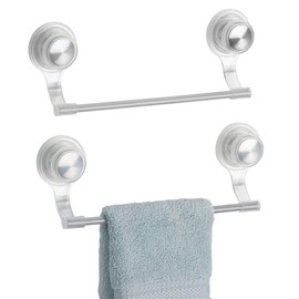 mDesign Strong Suction Wall Mount Plastic/Metal Wash Cloth Hand Towel Bar for Bathroom, Shower Stall, Bathtub - 2 Pack, Clear/Stainless Steel