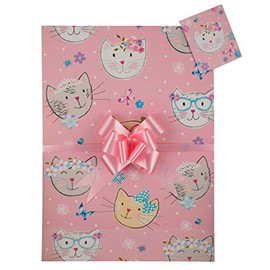 Cute Cats, PinkGift Wrap Pack, Two Sheets, Two Matching Tags and Two Co-ordinating Pale Pink Pull Bows. Perfect for Childs Ladies Gift, Birthday Present