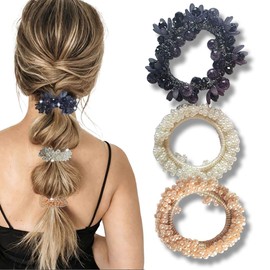 Pearl and Rhinestone Hair Ties Scrunchies for Women, 3 Pack Elastic Hair Ties with Glass Beads, White and Clear, 3.23 Inch Ponytail Holders for Thick and Thin Hair