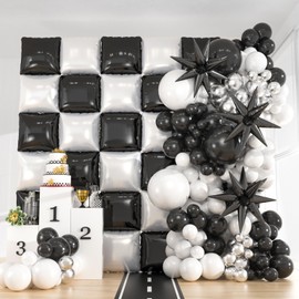 36pcs Black and White Double Sided Checkered Square Balloons Backdrop with 188pcs Black White Silver Balloons Arch Kit & 3pcs Star Mylar Ballons for Race Car Birthday Graduation Disco Party