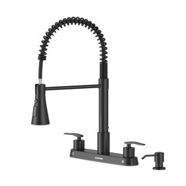DAYONE Two Handles Kitchen Faucet with Pull Down Sprayer and Soap Dispenser, Spring Matte Black Pull Out Kitchen Sink Faucet for 3/4 Holes Sink, High Arc Stainless Steel Faucet for Kitchen Bar RV