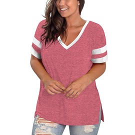 ROSRISS Plus Size Tops for Women Summer V Neck Sleep Tees Side Split Shirts Pink 24W