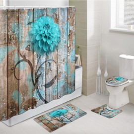 JAWO 4 Piece Teal Dahlia Dahlia Flower on Rustic Wooden Plank Country Style Shower Curtain Sets with Non-Slip Rugs, Toilet Lid Cover and Bath Mat, Shower Curtain with 12 Hooks