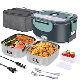 Electric Lunch Box Food Heater,80W Portable Food Warmer with 1.5L Stainless Steel Container, 12/24V/110 Heated Lunch Box for Men for Car Truck Work,Lonchera Eléctrica Portátil(Green-Dual Container)