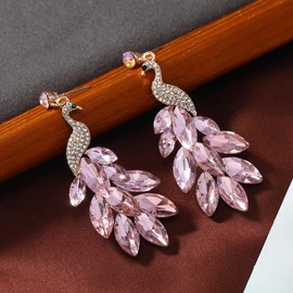 Vintage Peacock Dangle Earrings for Women Girls 14K Gold Plated Green Crystal Feather Peafowl Statement Drop Dangling Stud Earring Boho Exaggerated Birthday Holiday Jewelry Gifts (Light Pink)