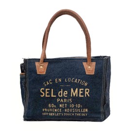 Shy Shy Bags Sel De Mer Upcycled Canvas Hand Bag Upcycled Canvas & Cowhide Tote Bag Radiant Upcycled Leather Bag (Dark Blue & Brown)