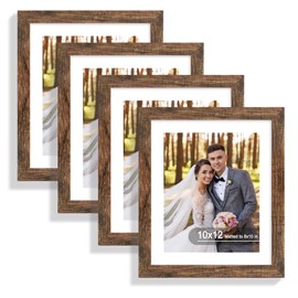 Hongkee 10x12 Picture Frame Set of 4, Made of Real Glass and Rustic Brown Frame - Display Picture 8x10 with Mat or 10x12 Without Mat, 10 by 12 Photo for Wall Mounting