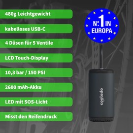 Coolado Bequemes Aufpumpen mit tPump X - tragbarer Mini-Kompressor für alle Reifen mit Manometer bis zu 10,3 BAR.