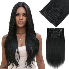 Yuniffe Yaki Straight Clip ins Human Hair for Black Women Yaki Hair Extensions Clip in #1 Jet Black Double Weft Brazilian Remy Hair Extensions Yaki Clip ins 14 Inch 7Pcs 120g