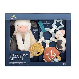 Conjunto de regalo de juguetes de granja Itzy Ritzy - Incluye Cow Lovey y juguete de anillo ocupado con temática de granja para asiento de automóvil y cochecito - Cuenta con sonidos crujientes