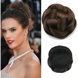 Large Size Scrunchie Synthetic Hair Chignon Bun Donut Straight Updo Braided Hairpieces Clip in Hair Bun Wedding Extensions for Women (Dark brown, One Size)