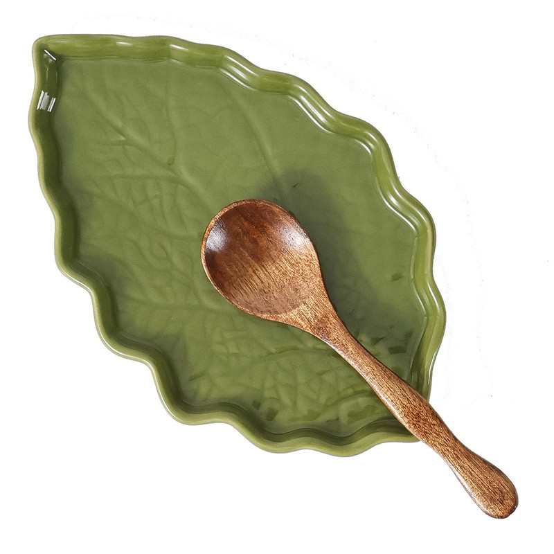 Ceramic Spoon Rest for Stove Top, Cute Green Leaf Shaped