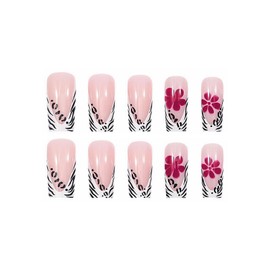 MISUD Cheetah Press on Nails Long Square Fake Nails Glossy Glue on Nails White French Tip Acrylic Nail Supplies Squoval Artificial Nail Art Flower Stick on False Nails with Design DIY 24 pcs