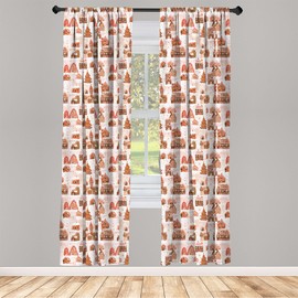 Ambesonne Christmas Window Curtains, Xmas Season Theme with Ginger House and Pine Tree Cookies Illustration, Lightweight Decor 2-Panel Set with Rod Pocket, Pair of - 28" x 84", Blush Cinnamon Brown