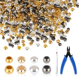 Pack of 1600 Crimp Beads, 2 mm 2.5 mm Mixed Round Crimp Beads, Gold Silver Black Beads Loose Beads Spacer with Tweezers Pliers and Box for Jewellery Making End Cap Bracelets Necklaces