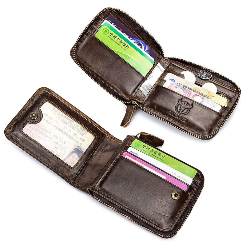Genuine Leather Men Wallet Zipper RFID Blocking Vintage Bifold Wallets