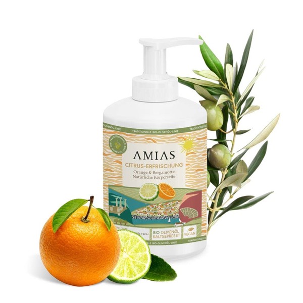AMIAS - Orange & Bergamot Shower Gel 300 ml | Vegan, Free from Palm Oil, SLS and Parabens | 100% Natural Oils, Organic Olive Oil | No Drying Out, Shower Gel Men, Shower Gel Women
