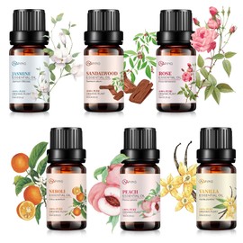 AOPING Essential Oil Set 6x10ML - 100% Pure Organic Plant Oil for Diffuser Massage Aroma Spa Yoga Perfume - Rose, Jasmine, Sandalwood, Vanilla, Neroli, Peach