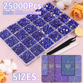 25000Pcs Resin Rhinestones with Tweezers for Crafting, Royal Blue Flatback Gems, Bedazzling Crystal with 3Pcs 10ml B7000 Jewelry Glue for DIY Crafts Clothing Tumblers Shoes Fabric Nail Art
