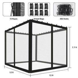 Outdoor Mosquito Net with 2 Way Zipper 4 Door, Gazebo Mosquito Netting 12x12 for Garden/Patio/Pavilion, Gazebo Replacement Netting with 8 Sandbags 52 Hooks 12 Ropes (Mosquito Net Only, Black)