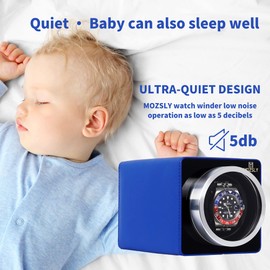 MOZSLY Watch Winder for Automatic Watches Single with Quiet Motor 12 Rotation Mode Setting AC Adapter Battery Powered Dark Blue Leather