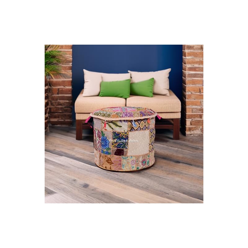 Stylo Culture Cotton Embroidered Patchwork Ottoman Pouf Cover Beige Floral