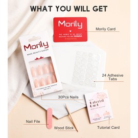 Morily Press on Nails Medium - Nude Almond Fake Nails Solid Color Pink Glossy False Fingernails in 15 Sizes, Long Stick on Nails for Women - 30Pcs