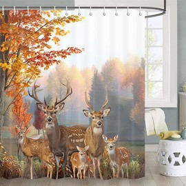 JAWO Fall Shower Curtain, Whitetail Deer Shower Curtain Rustic Hunting Country Wild Animal Shower Curtain Fall Woods Farmhouse Autumn Elk Cabin Shower Curtain Set with Hook, 72X72inch