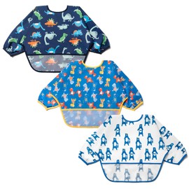 3 Pcs Long Sleeved Bib Set | Baby Waterproof Bibs with Pocket Bundle | Toddler Bib with Sleeves and Crumb Catcher | Stain and Odor Resistance Play Smock Apron - Pack of 3 | 6-24 Months
